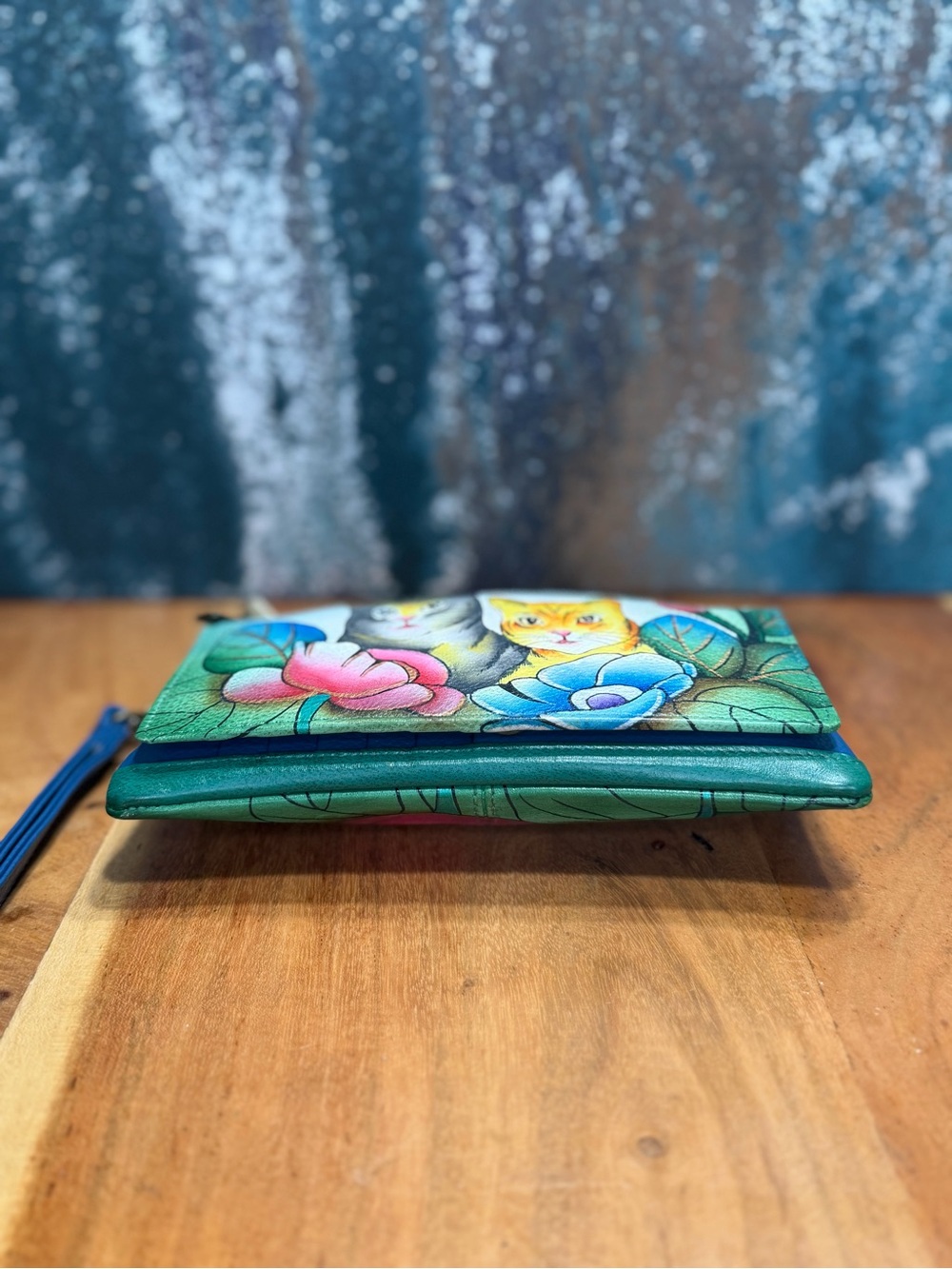 Anna by Anuschka Boho Hand Painted Two Cats Leather Wristlet Wallet - Picture 6 of 10